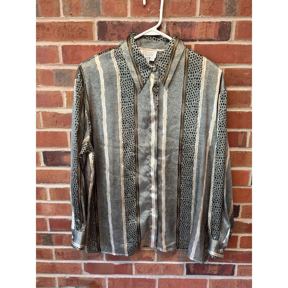Tess Brand Silky Striped Button Down Blouse Size L
